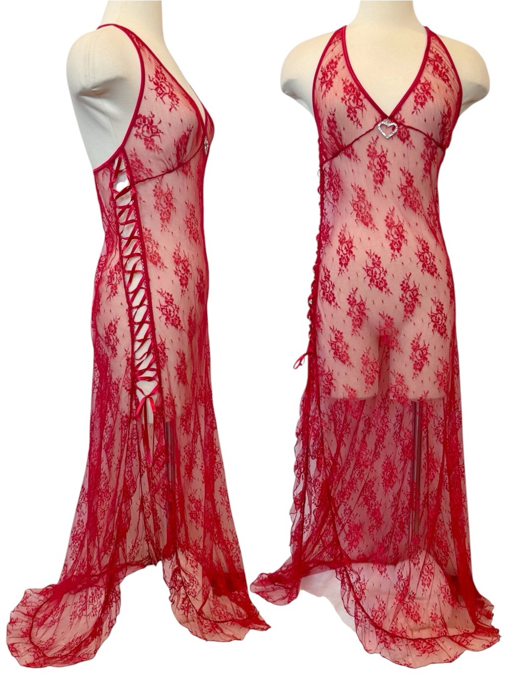 Y2K Frederick’s of Hollywood Sheer Red Lace Up Corset Maxi Gown Slip Dress